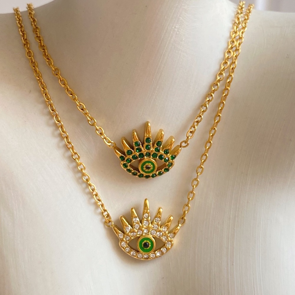 Evil eye necklace, evil eye pendant necklace, layered necklace, emerald necklace